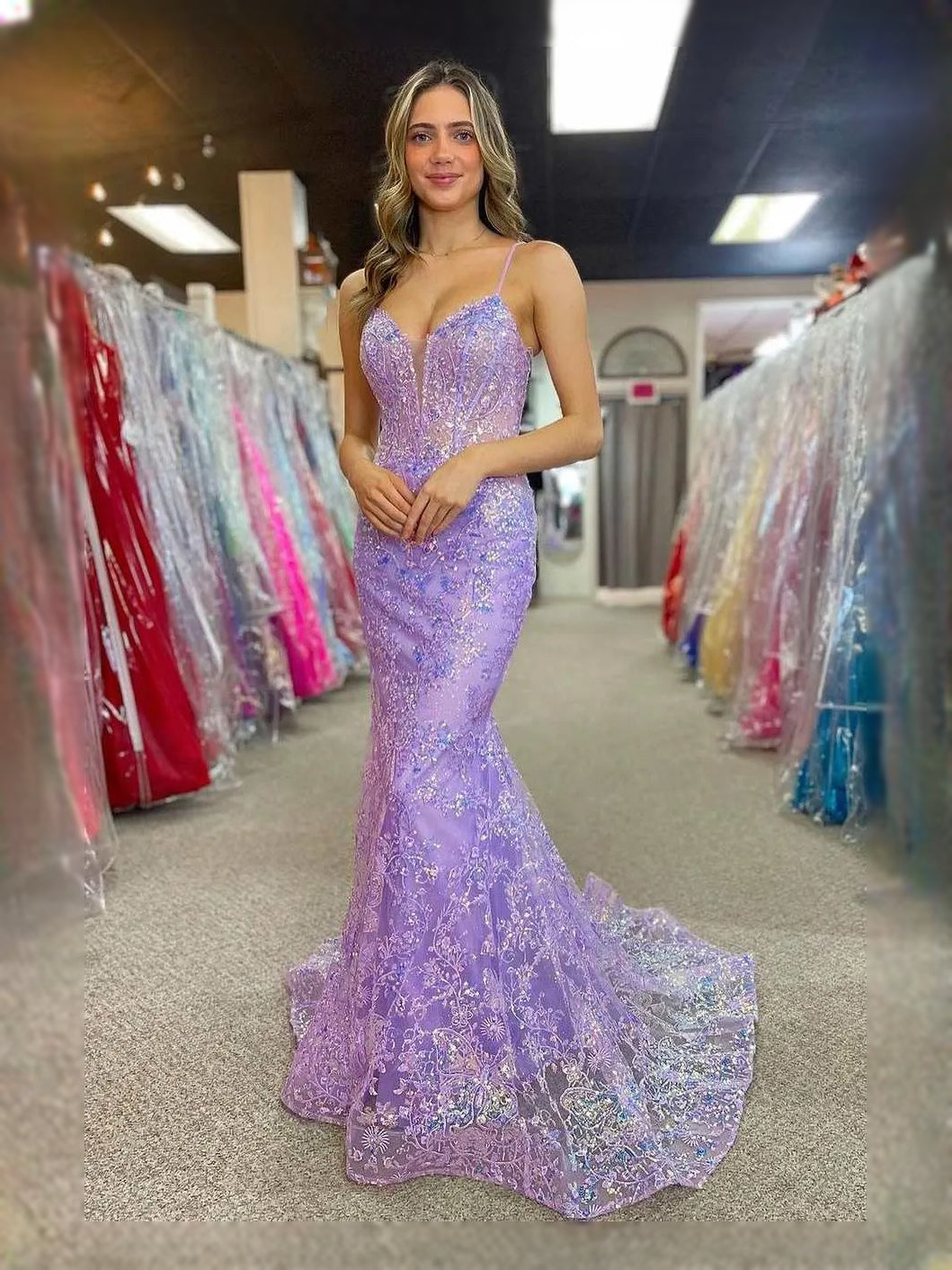 Lavender floor-length prom dress, front view showing the mermaid silhouette