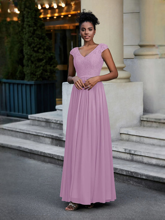 Wisteria maxi bridesmaid dress, front view showing the a-line silhouette