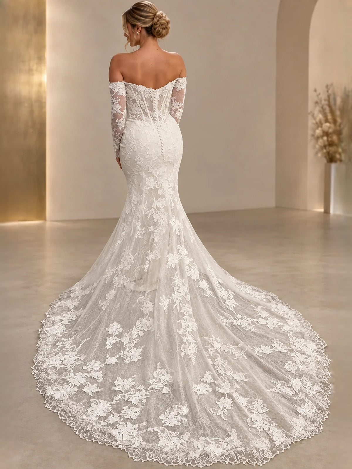 Ivory floor-length wedding dress, front view showing the mermaid silhouette