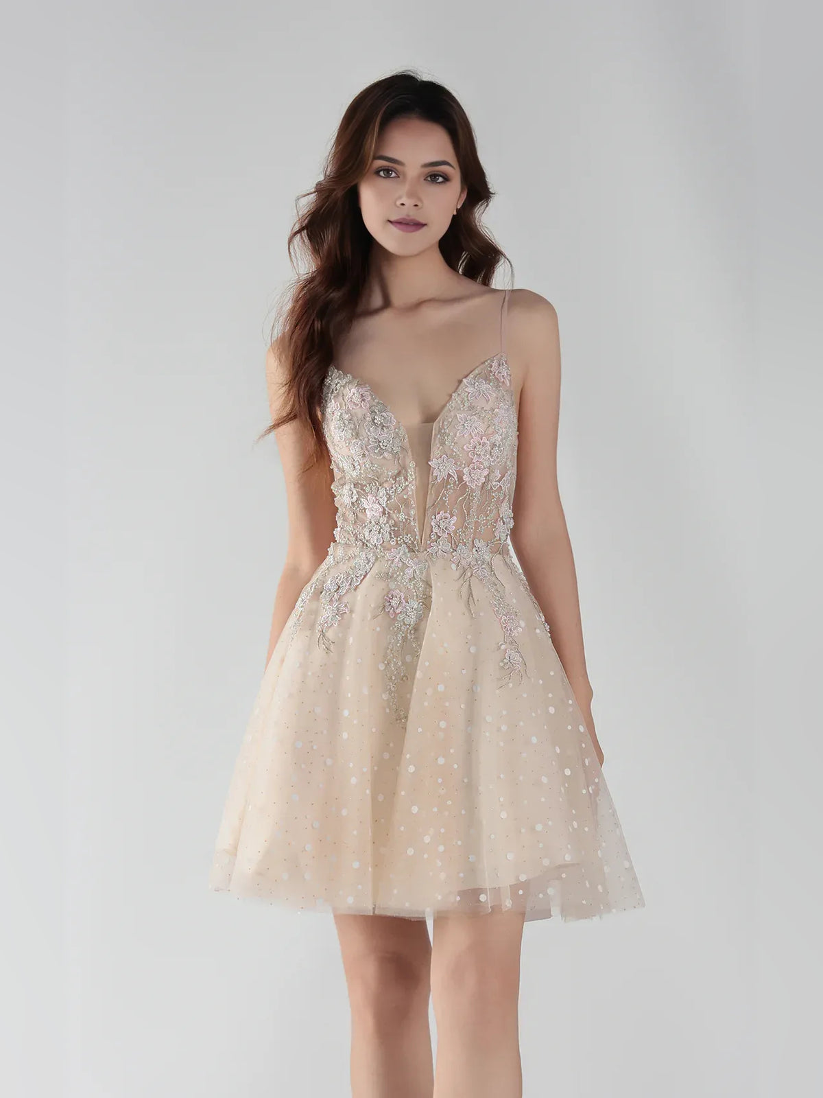 Champagne mini homecoming dress, alternate view showing the full-length silhouette