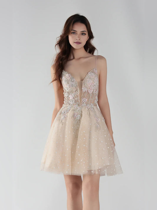 Champagne mini homecoming dress, alternate view showing the full-length silhouette