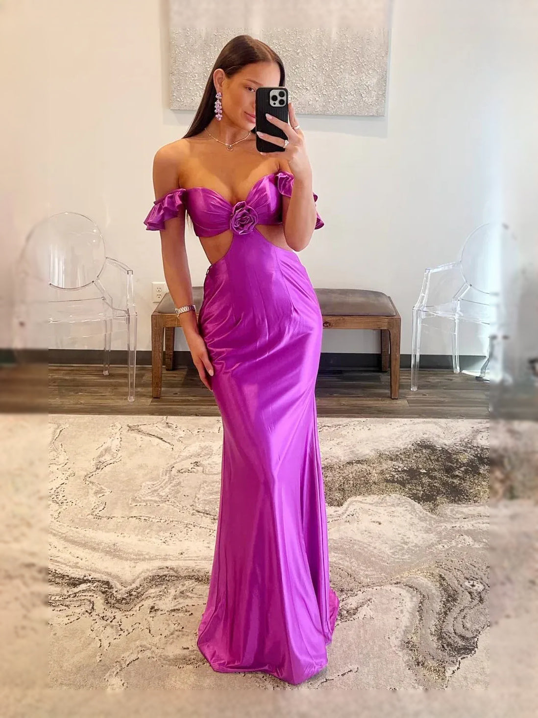 Purple floor-length prom dress, front view showing the mermaid silhouette