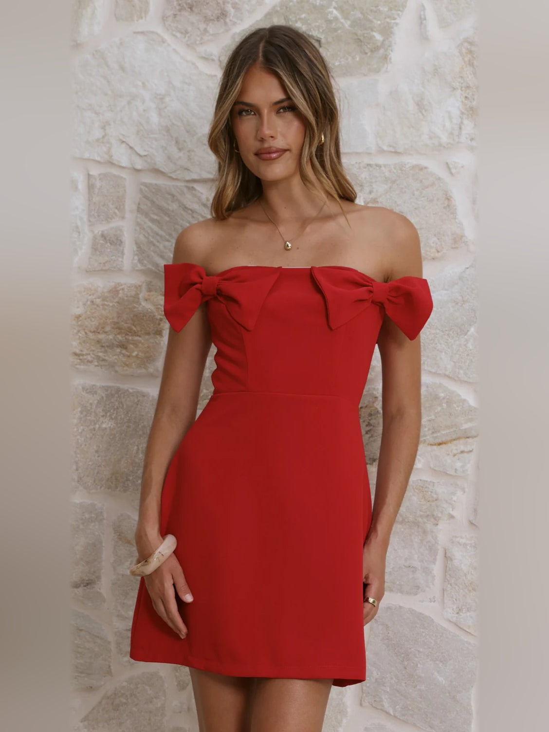 Red mini homecoming dress, front view showing the silhouette