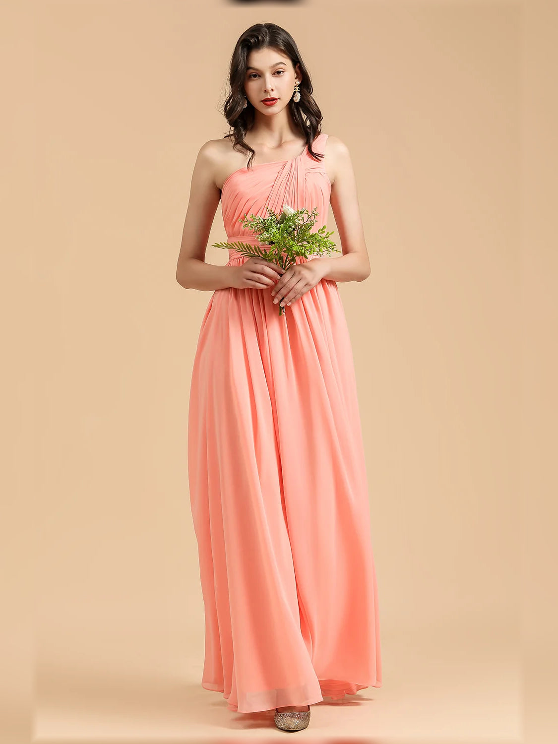 Coral floor-length bridesmaid dress, front view showing the a-line silhouette