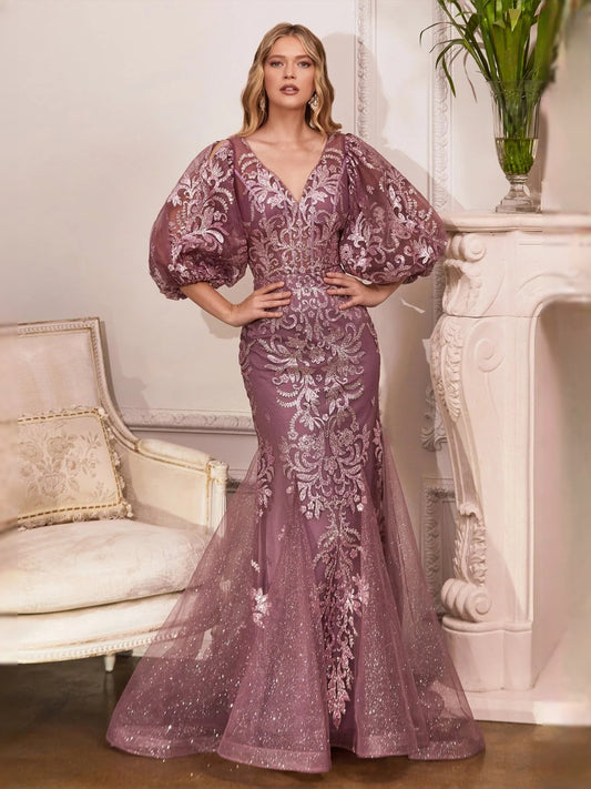 Vintage Mauve floor-length prom dress, front view showing the mermaid silhouette