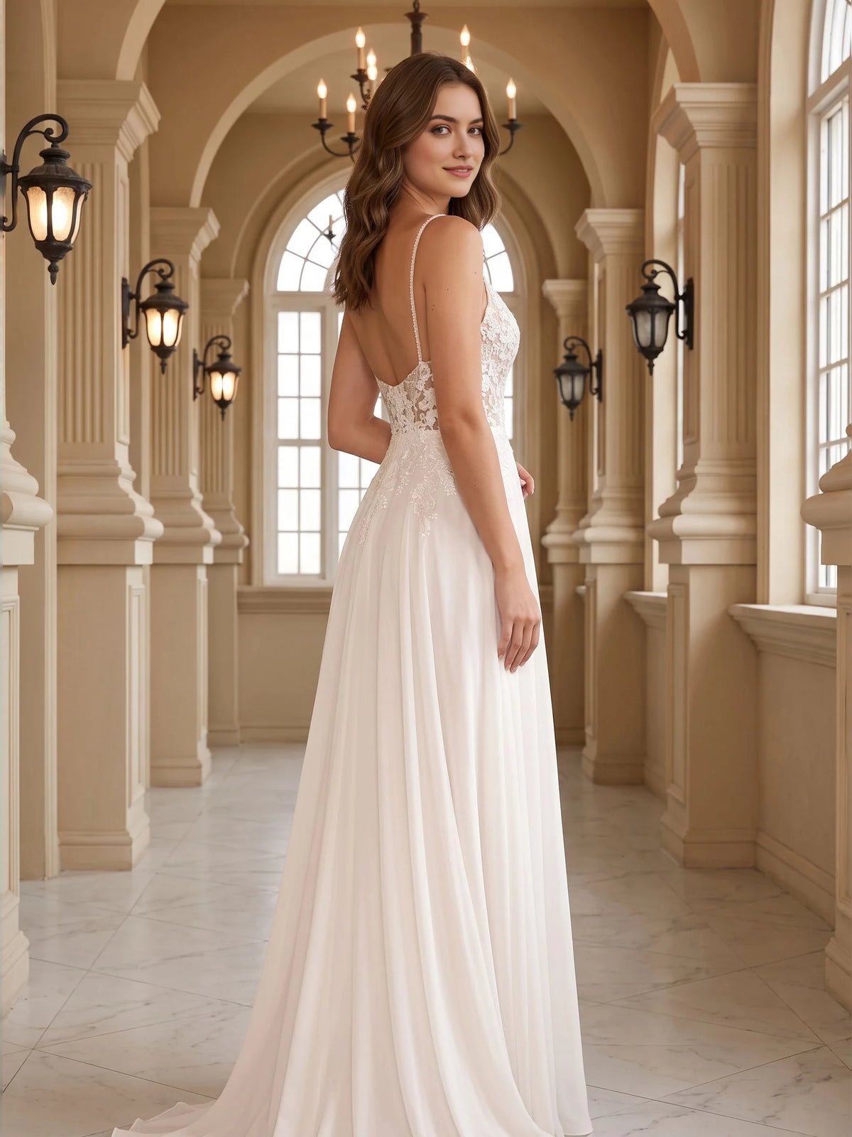Ivory floor-length wedding dress, front view showing the a-line silhouette