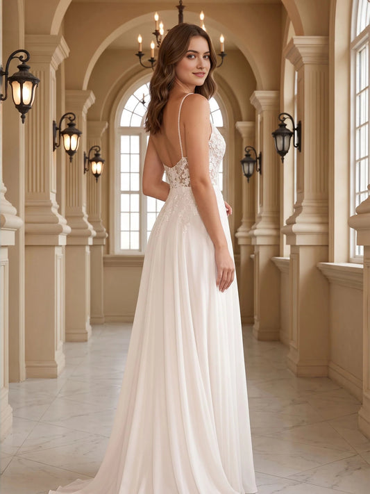 Ivory floor-length wedding dress, front view showing the a-line silhouette