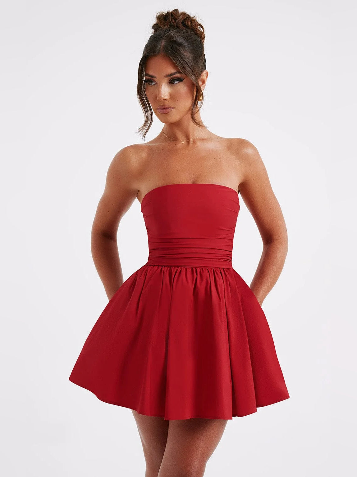 Red mini homecoming dress, front view showing the silhouette