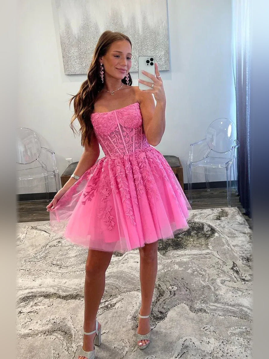 Hot Pink mini homecoming dress, alternate view showing the full-length silhouette