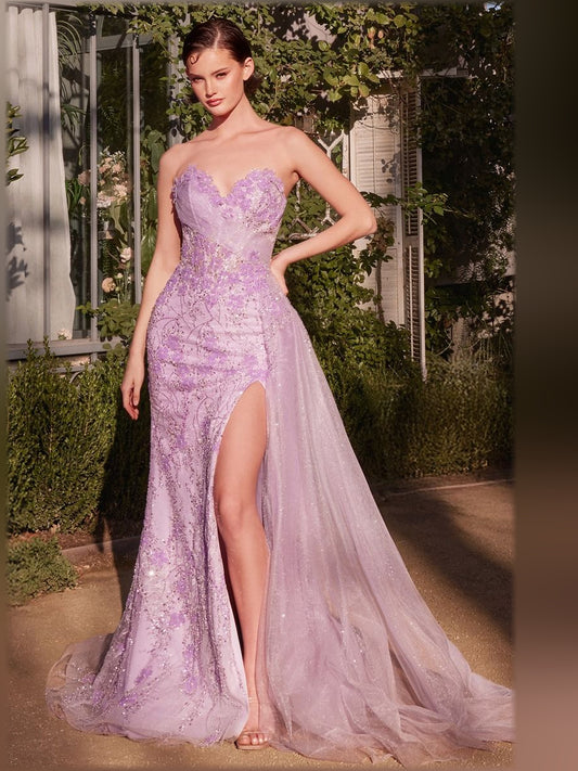 Lavender mermaid floor-length formal dress with strapless neckline, full-length front view