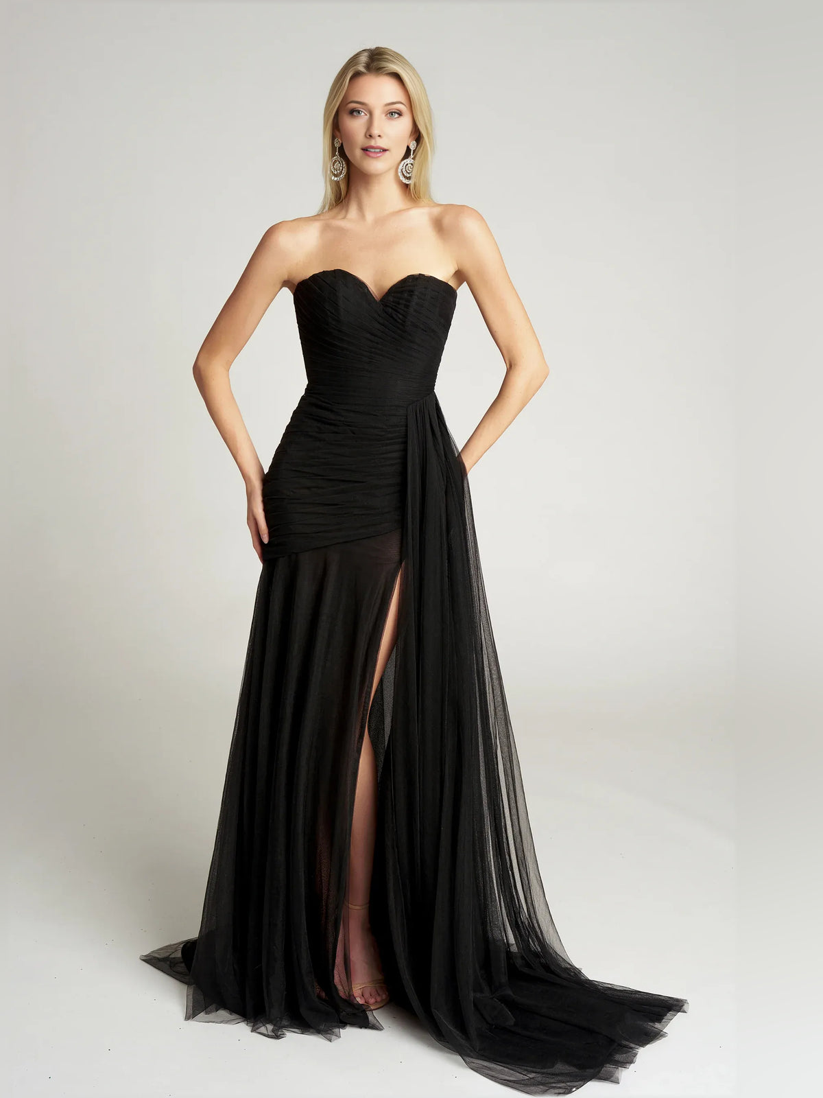 Black mermaid floor-length formal dress with sweetheart neckline, full-length front view