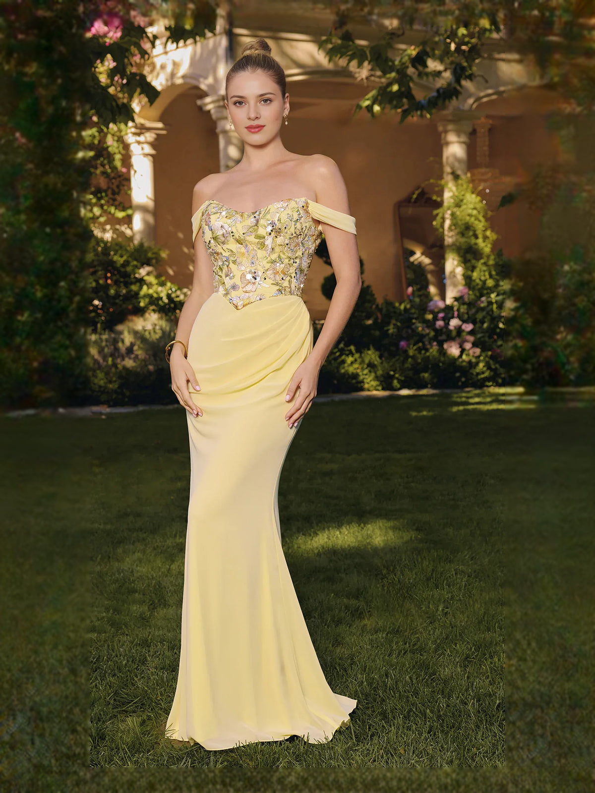 Pale Lemon floor-length prom dress, front view showing the mermaid silhouette