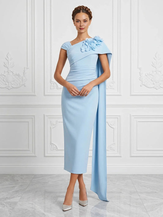 Baby Blue midi mother of the bride dress, front view showing the sheath silhouette