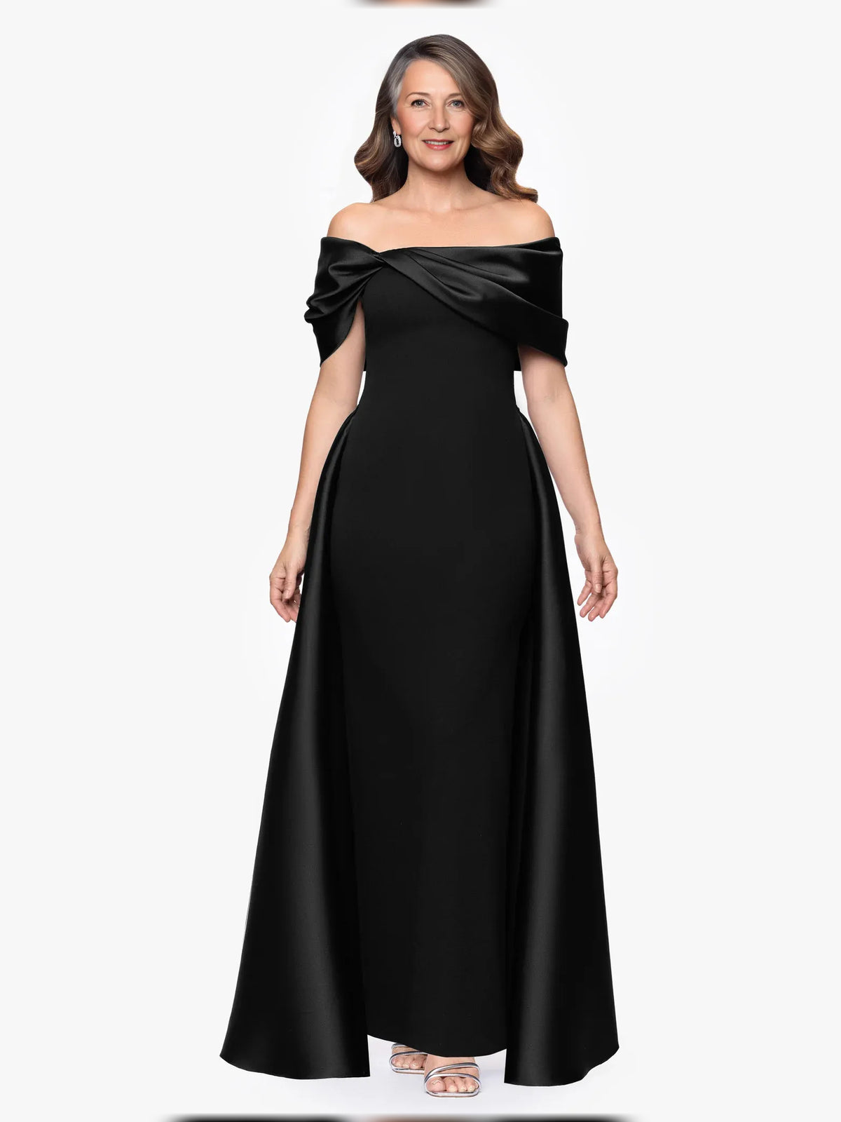 Black floor-length mother of the bride dress, front view showing the a-line silhouette