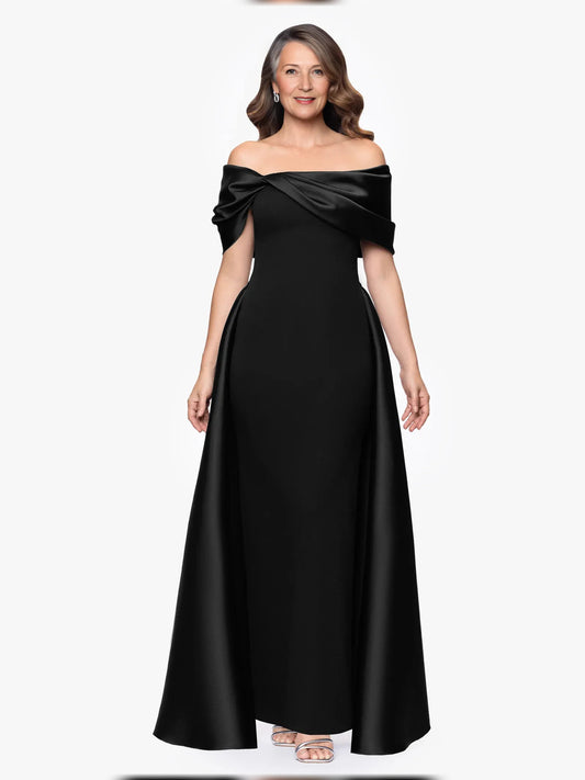 Black floor-length mother of the bride dress, front view showing the a-line silhouette