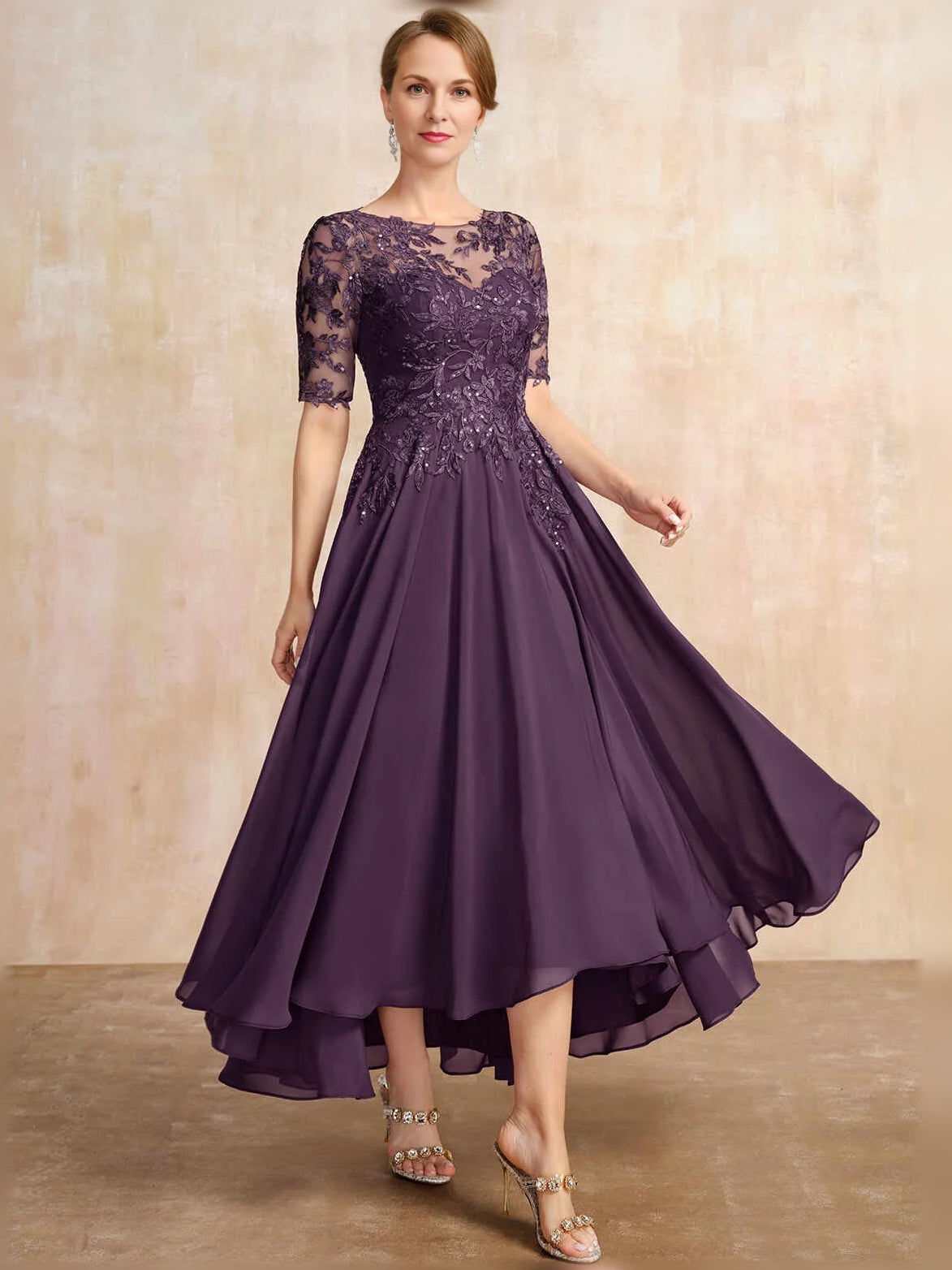 Plum midi mother of the bride dress, front view showing the a-line silhouette