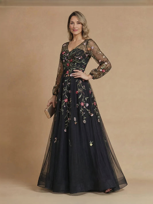 Black floor-length mother of the bride dress, front view showing the a-line silhouette
