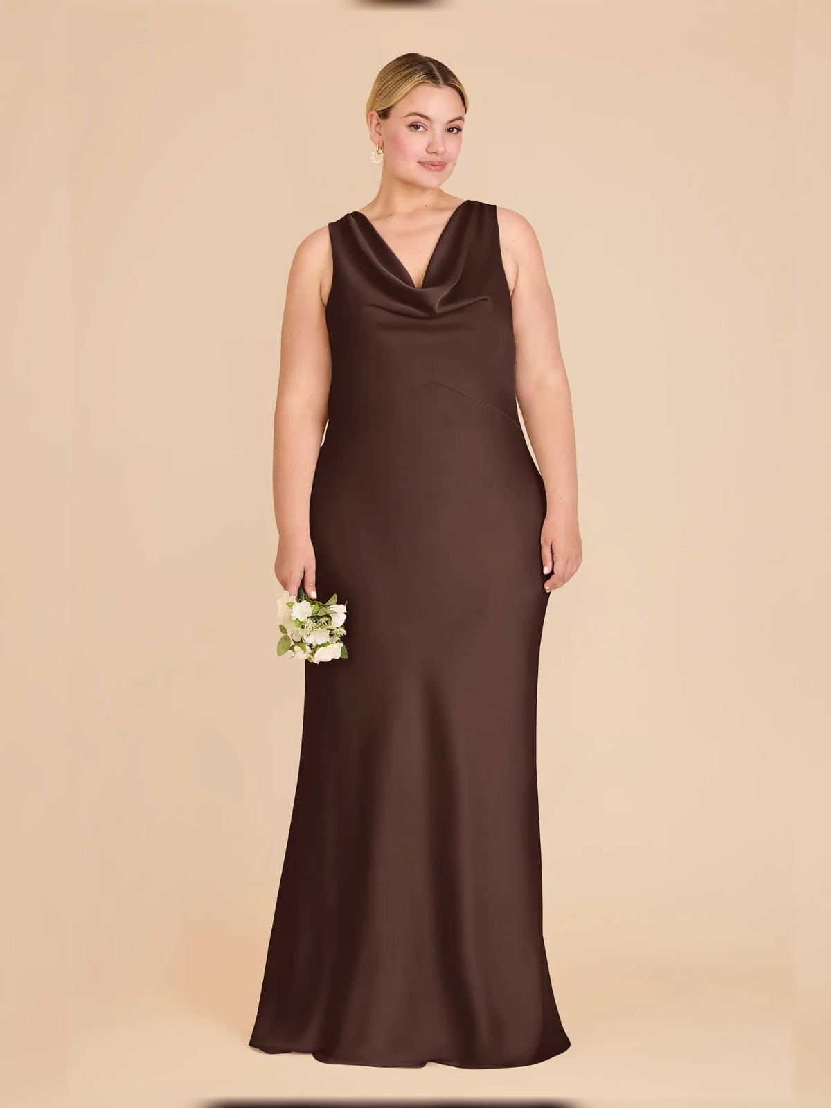 Espresso maxi bridesmaid dress, front view showing the bodycon silhouette