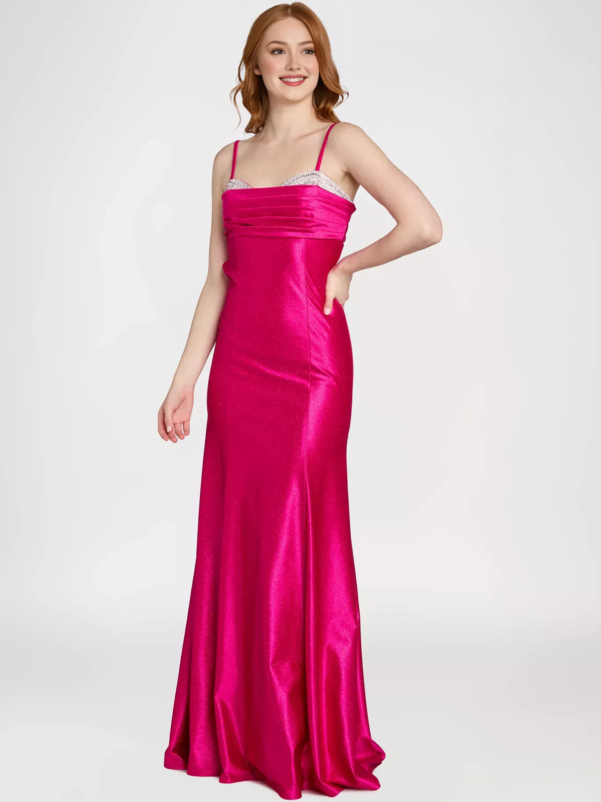 Fuchsia maxi prom dress, front view showing the mermaid silhouette