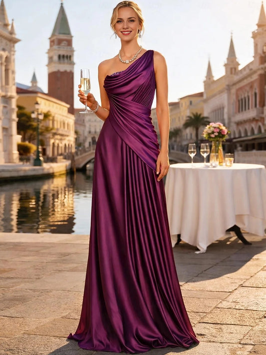 Deep Purple maxi prom dress, front view showing the a-line silhouette