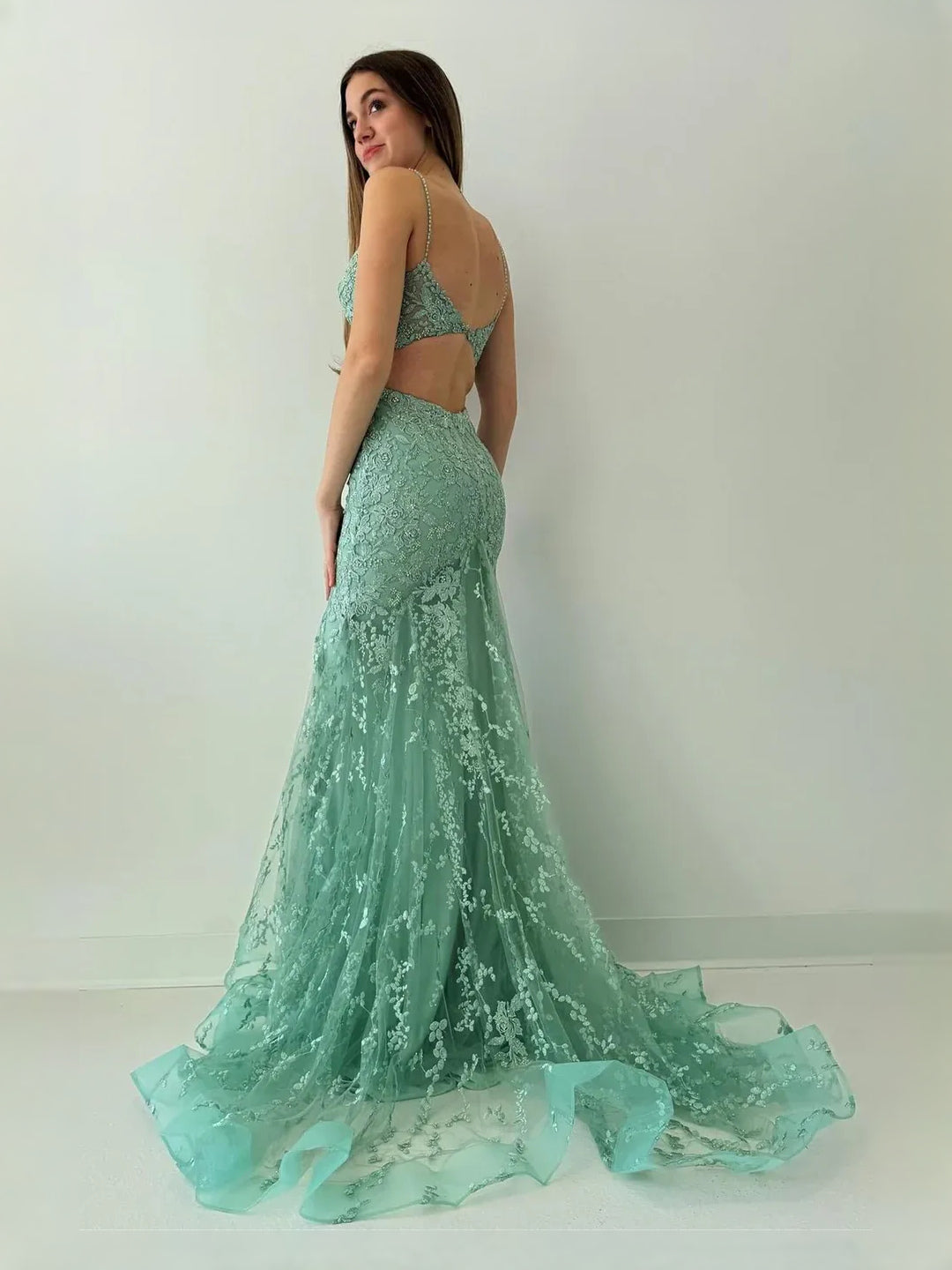 Sage Green floor-length prom dress, front view showing the mermaid silhouette