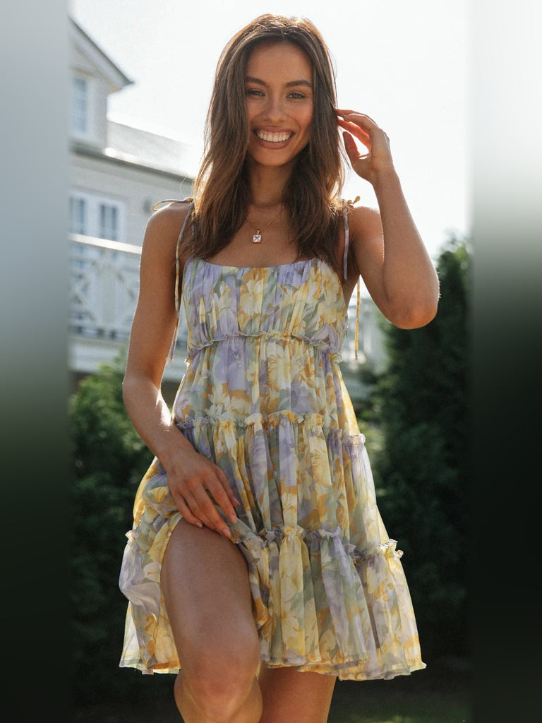 Floral mini homecoming dress, front view showing the silhouette