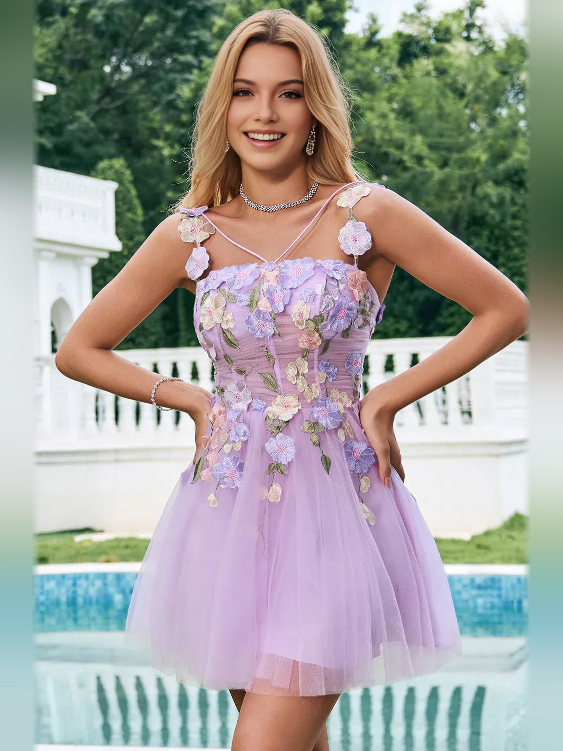 Lilac mini homecoming dress, alternate view showing the full-length silhouette