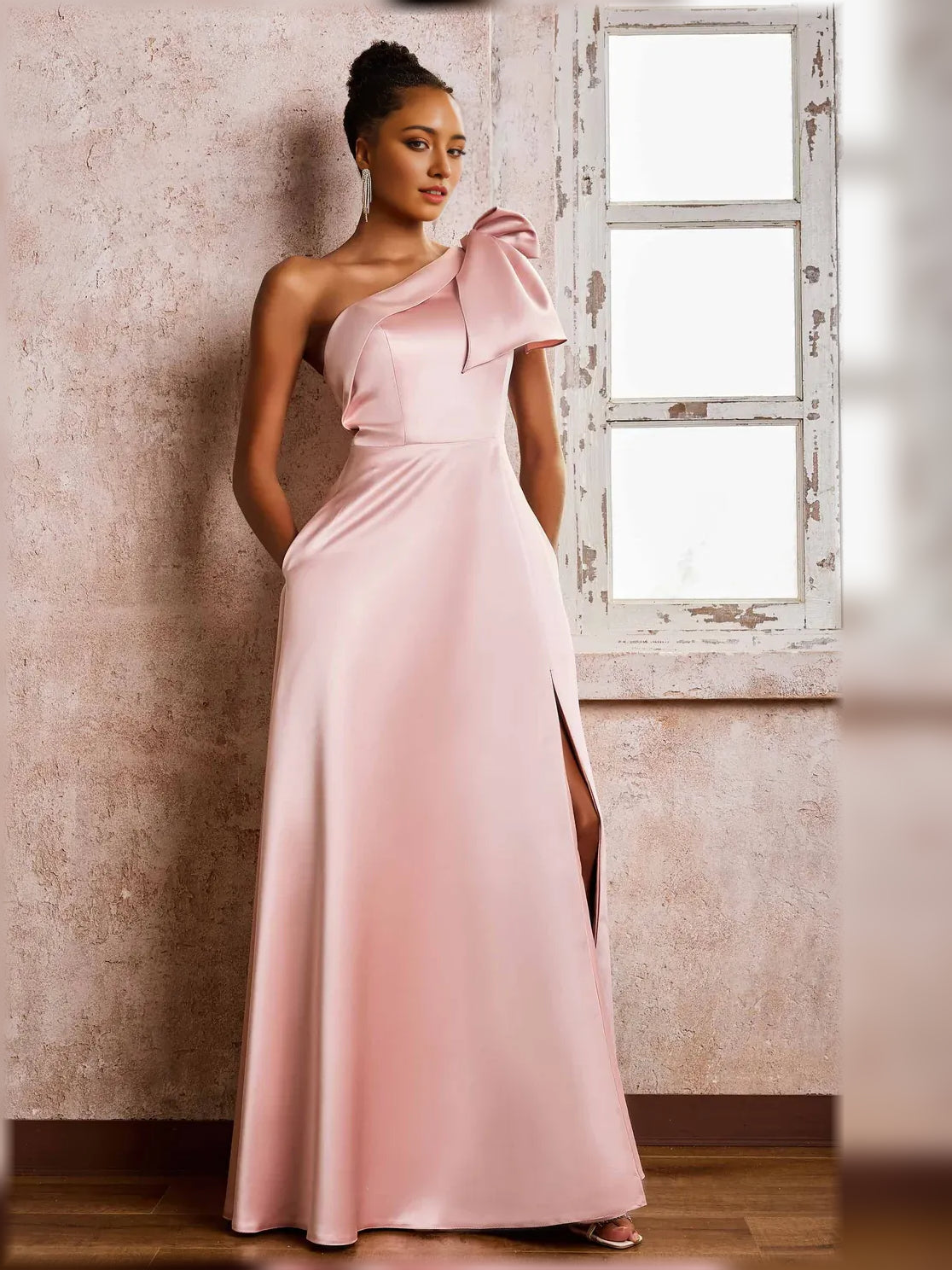 Light Pink a-line floor-length formal dress with one-shoulder neckline, full-length front view