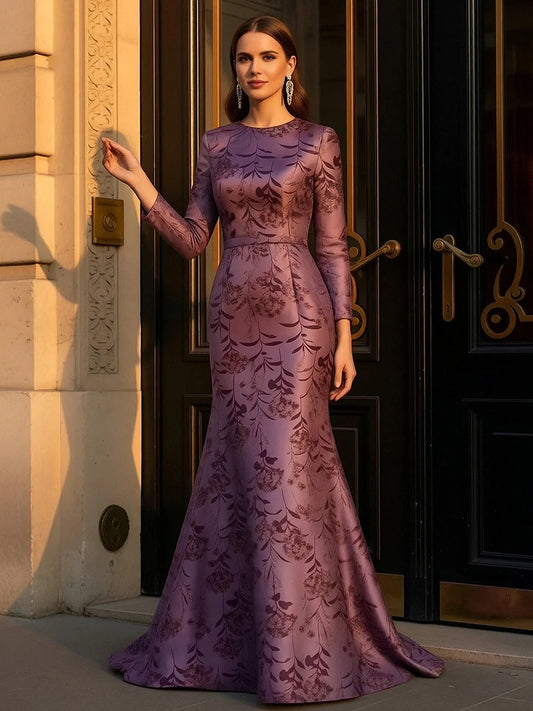 Mulberry floor-length mother of the bride dress, front view showing the mermaid silhouette