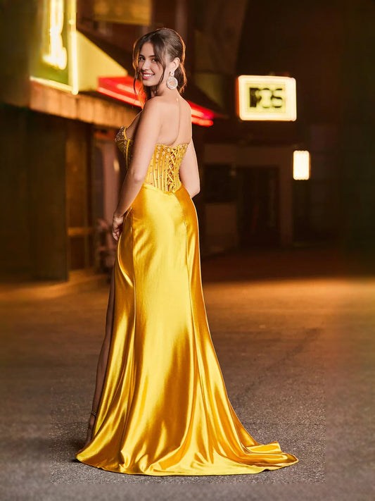 Marigold floor-length prom dress, front view showing the mermaid silhouette