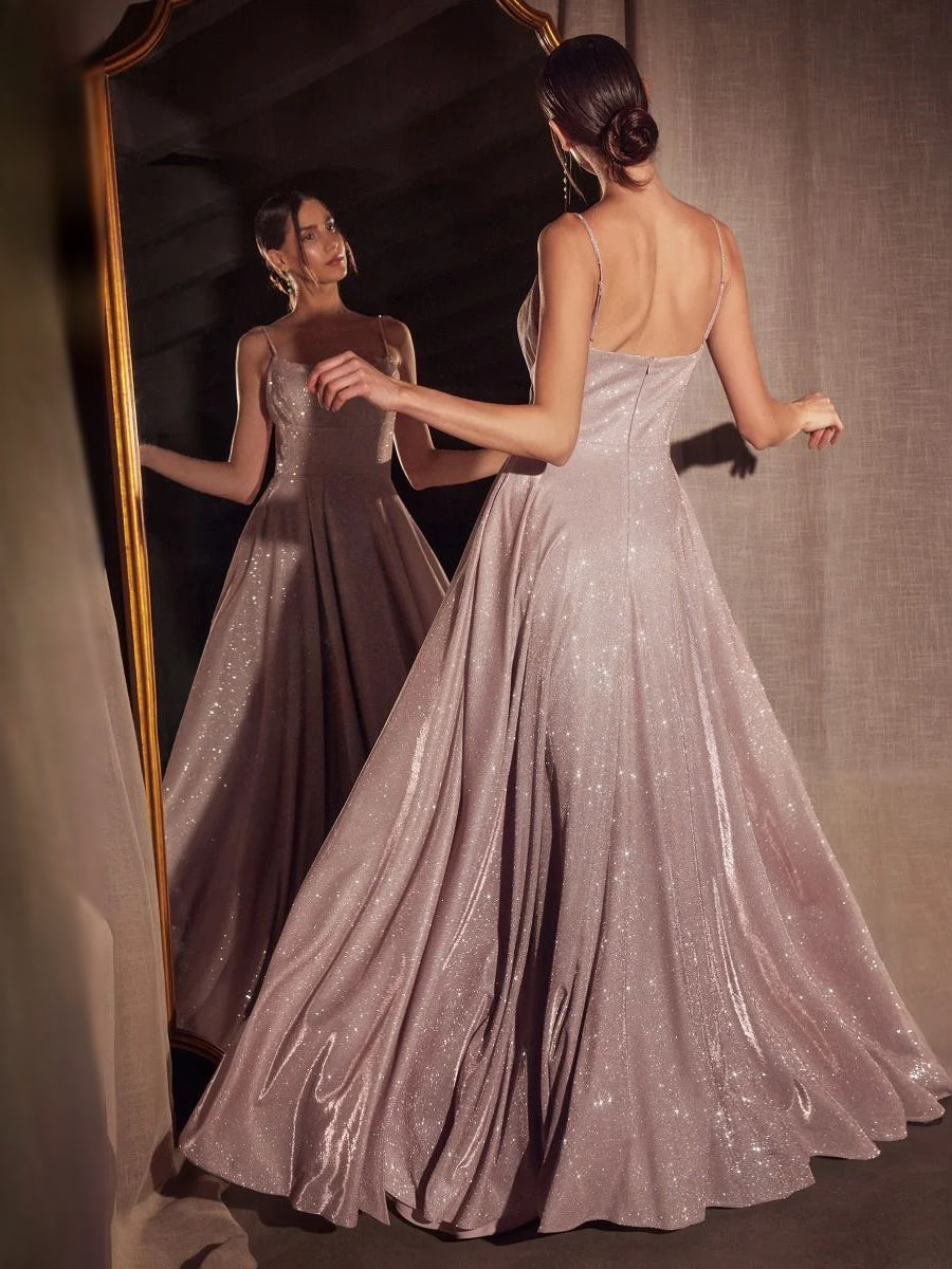 Black floor-length prom dress, front view showing the a-line silhouette