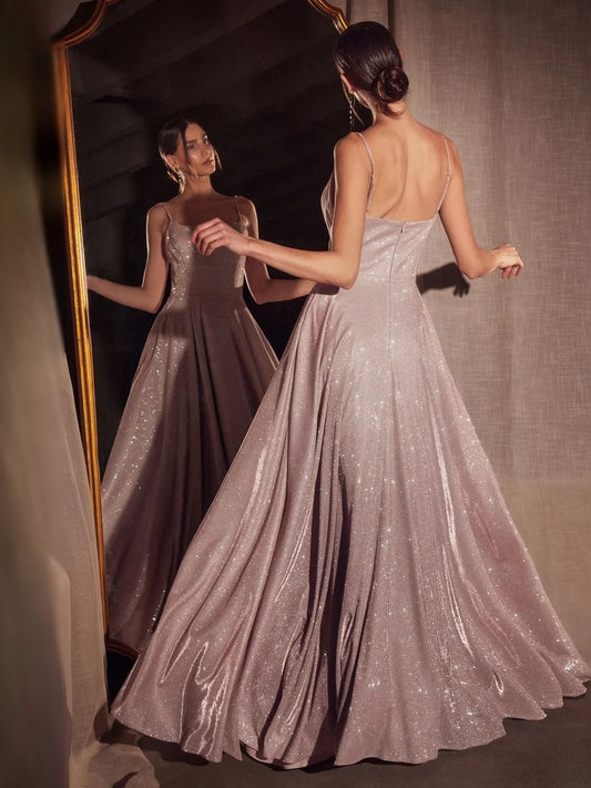 Black floor-length prom dress, front view showing the a-line silhouette