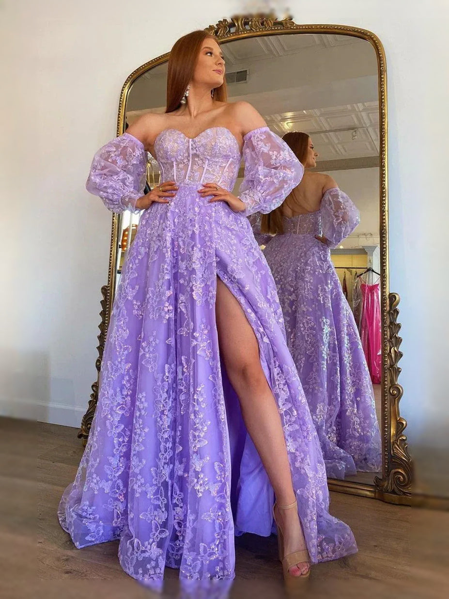 Lavender maxi prom dress, front view showing the a-line silhouette