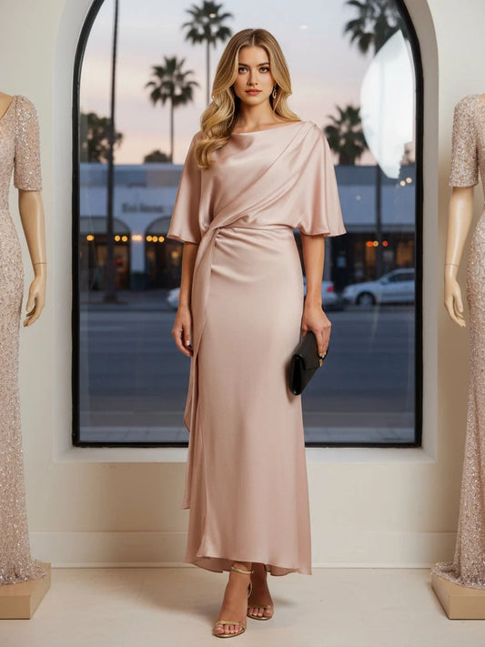 Champagne midi bridesmaid dress, front view showing the a-line silhouette