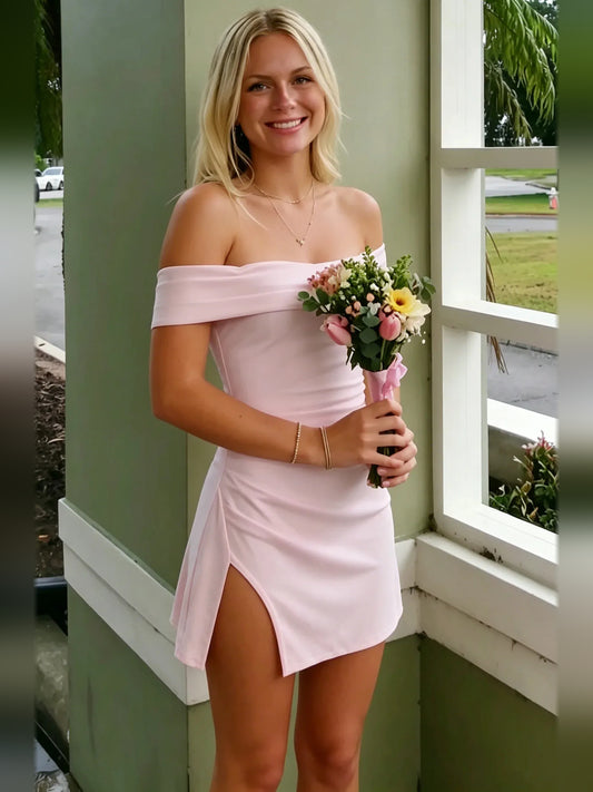 Pink mini homecoming dress, alternate view showing the full-length silhouette