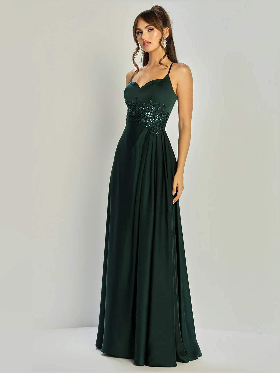 Dark Green a-line floor-length formal dress with sweetheart neckline, full-length front view