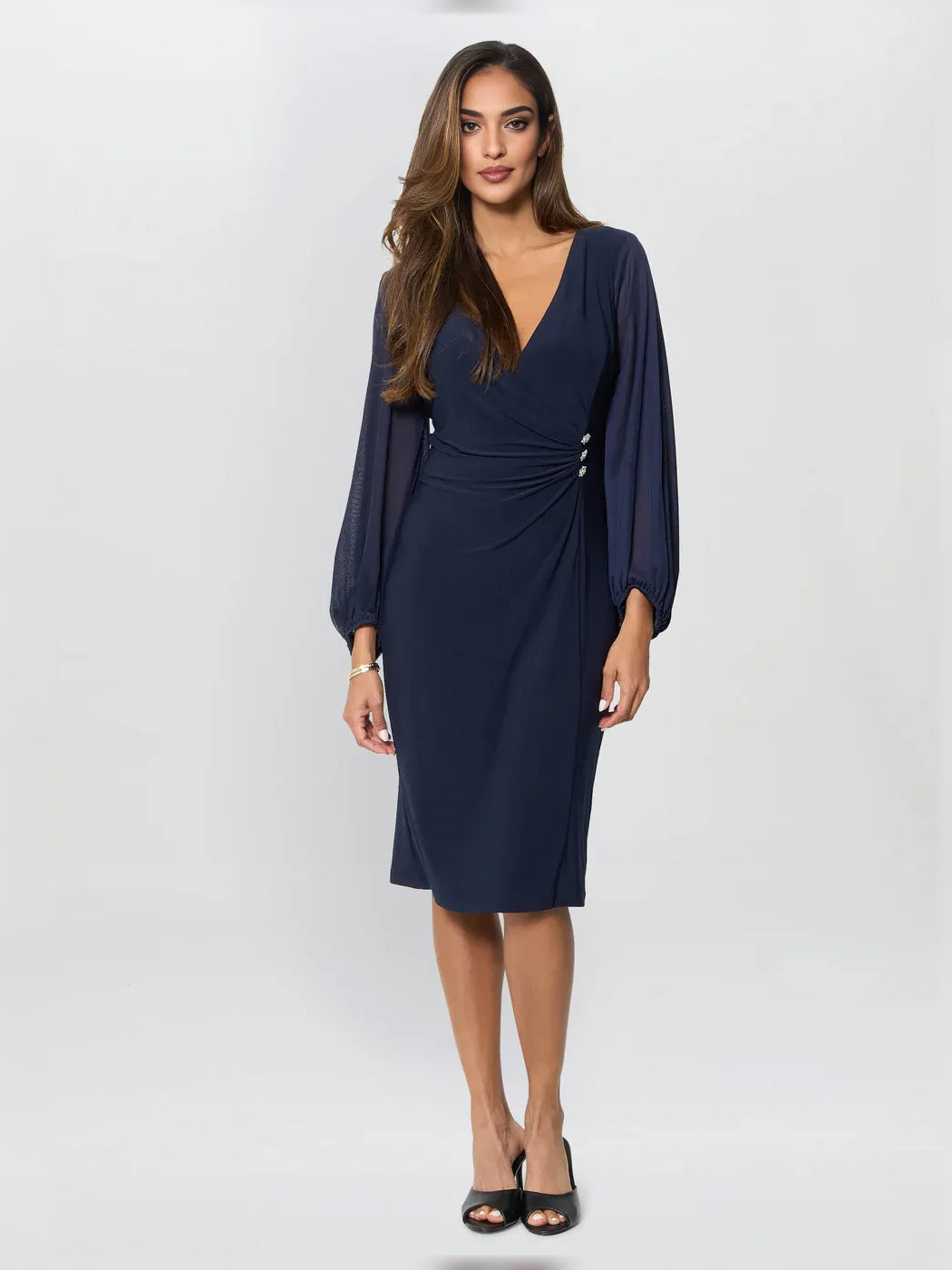 Dark Navy knee-length mother of the bride dress, front view showing the sheath silhouette