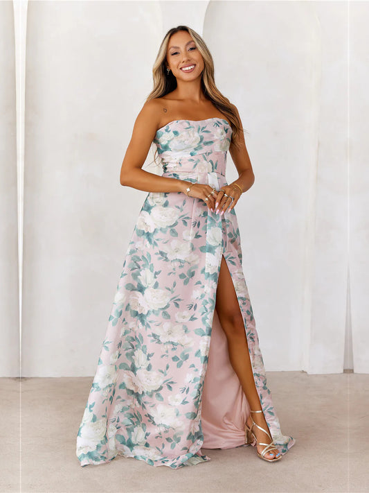 Multi a-line maxi formal dress with strapless neckline, full-length front view