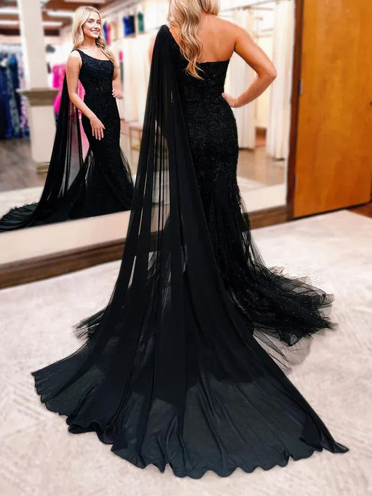 Black floor-length prom dress, front view showing the mermaid silhouette