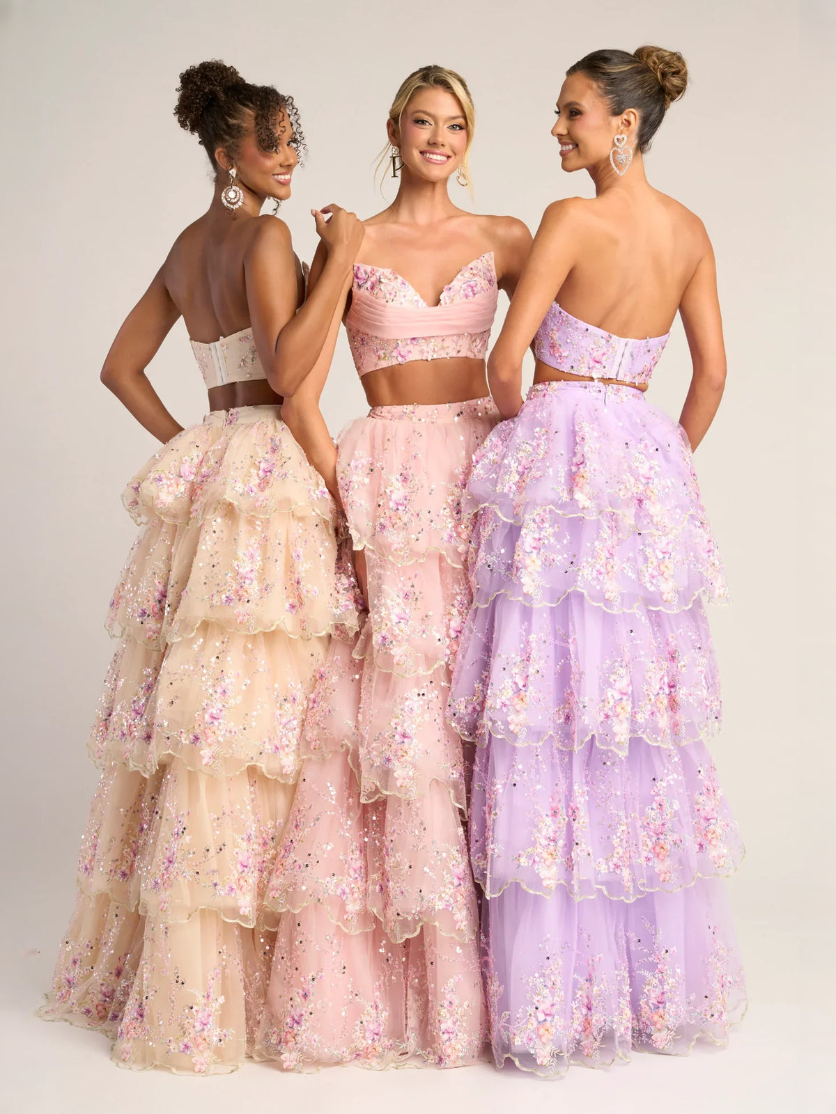 Pink floor-length prom dress, front view showing the ball gown silhouette