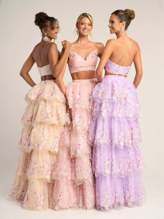 Pink floor-length prom dress, front view showing the ball gown silhouette