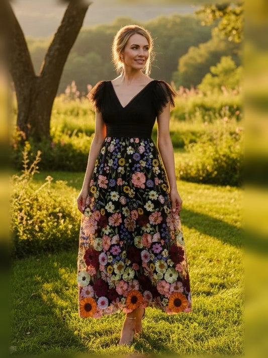 Black ankle-length mother of the bride dress, front view showing the a-line silhouette