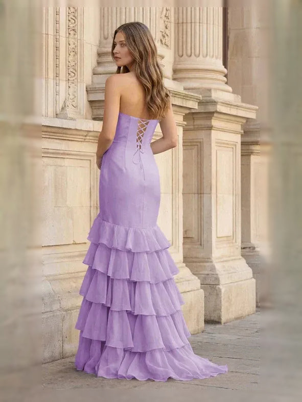 Lavender floor-length prom dress, front view showing the mermaid silhouette