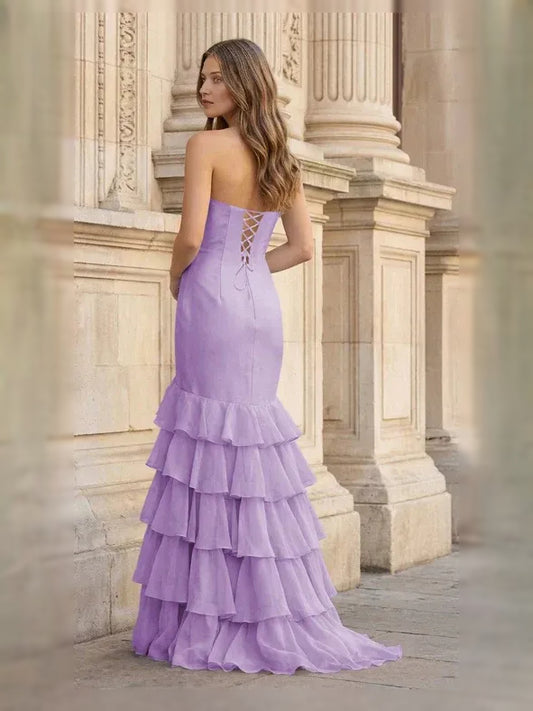Lavender floor-length prom dress, front view showing the mermaid silhouette
