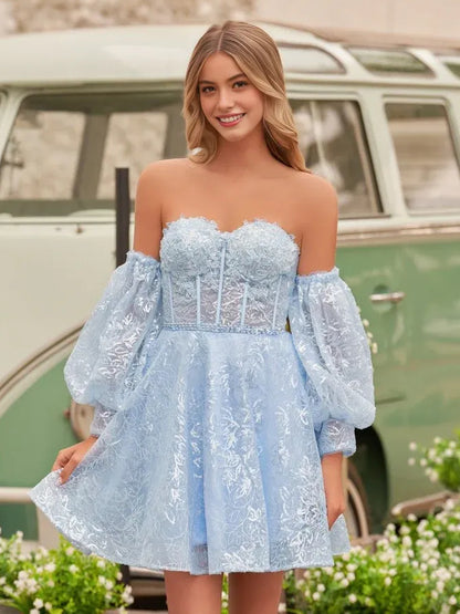 Sky Blue Corset Flower-Applique Floral Sweetheart A-Line Mini Homecoming Dress for Birthday Party, product view