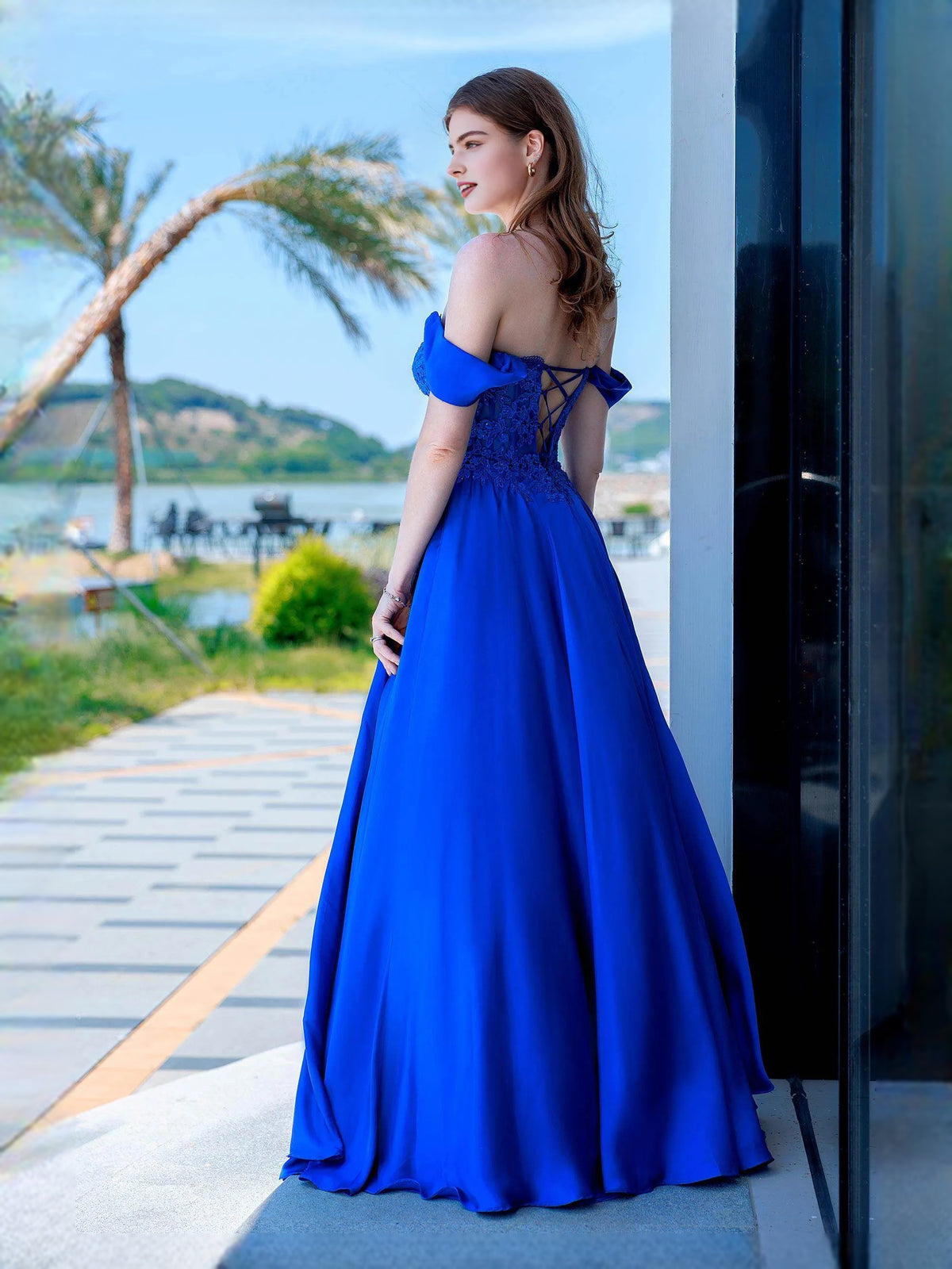 Cobalt Blue floor-length prom dress, front view showing the a-line silhouette