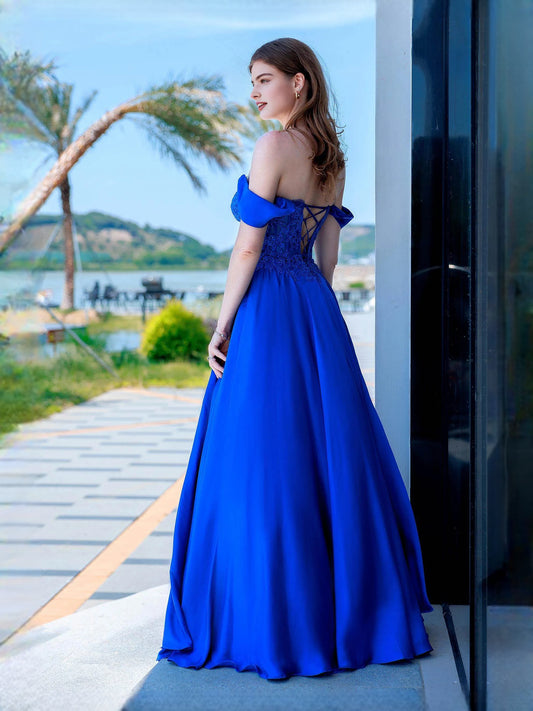 Cobalt Blue floor-length prom dress, front view showing the a-line silhouette