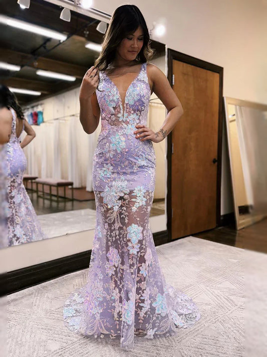 Lavender floor-length prom dress, front view showing the mermaid silhouette
