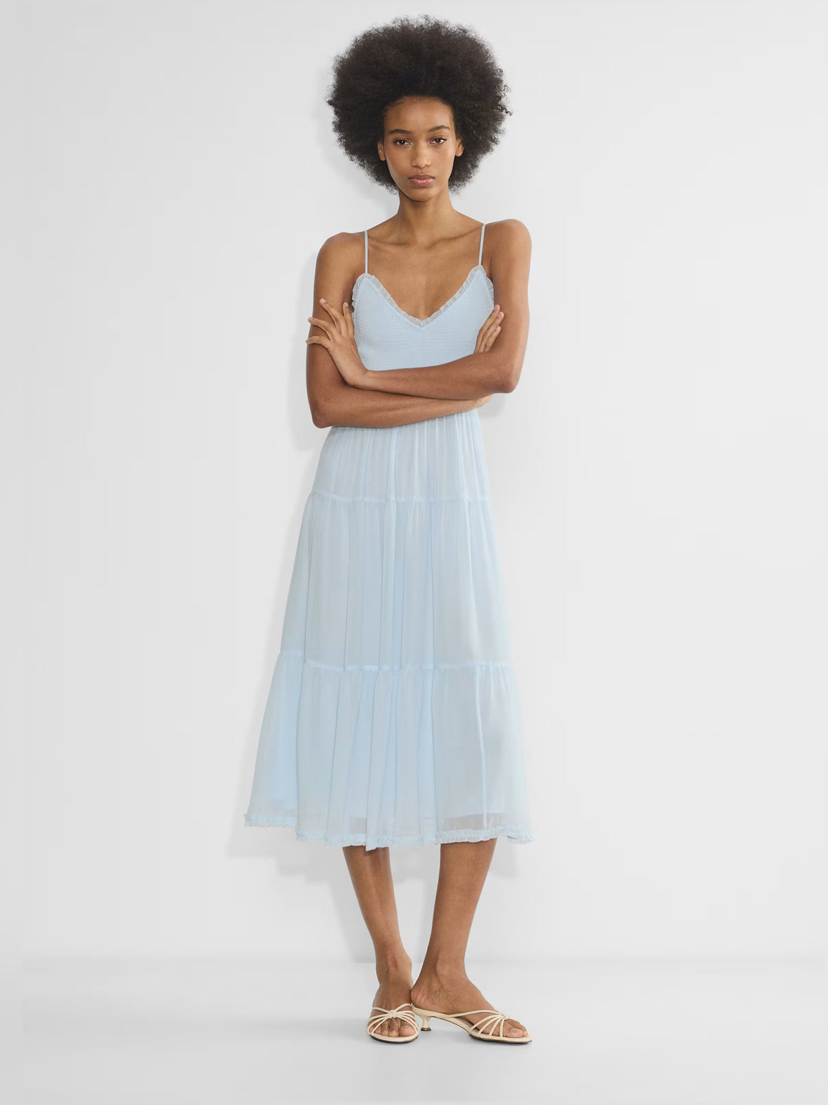 Orange midi formal dress with V-neckline, full-length front view