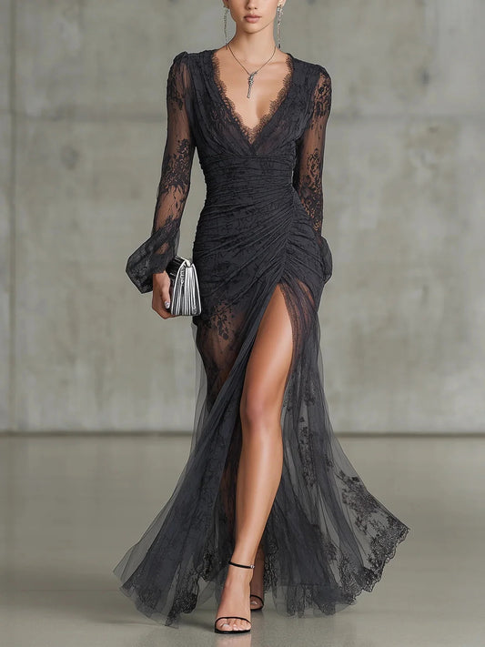 Black sheath floor-length formal dress with V-neckline, full-length front view